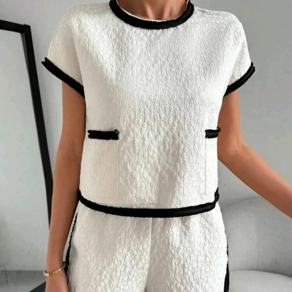 Color-Blocked WovenTape Patchwork Shirt And Short Set For Summer - Picture 3 of 7